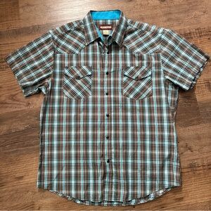 Cody James Men's XL Short Sleeve Western Plaid Shirt Blue Brown Button Down
